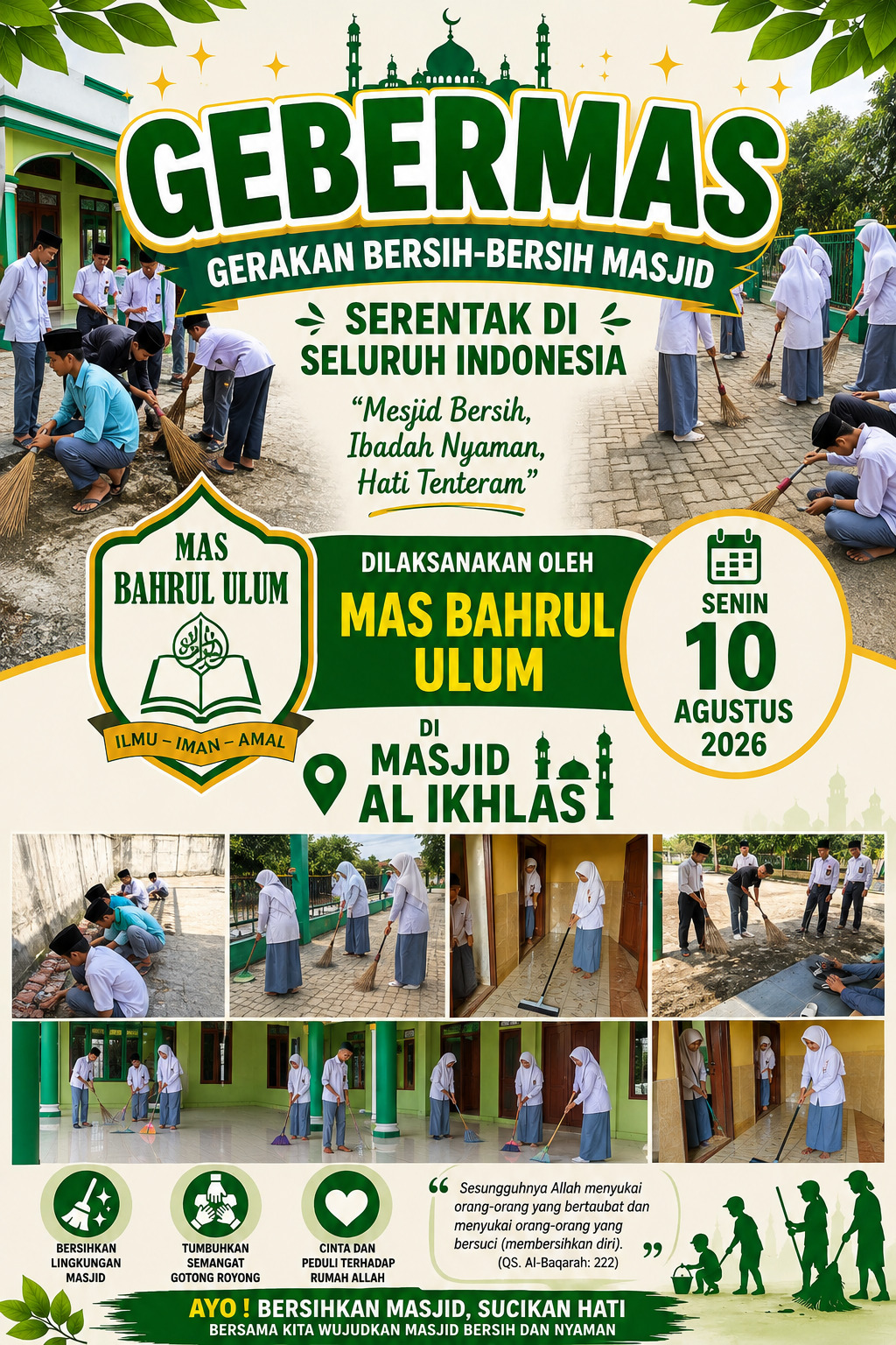 Gerakan Bersih-Bersih Masjid di Masjid Al-ikhlas, Kecamatan Dayun — Aksi Guru dan Siswa MAS BAHRUL ULUM